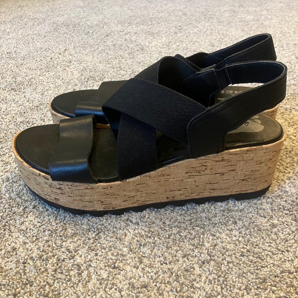 Sorel Cameron Flatform Black Leather Cork Wedge Sandals Womens 6.5 Edgy Boho